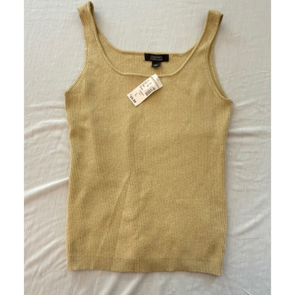 Dressbarn Collection Gold Metallic Ribbed Knit Tank Top Scoop Neck Shell L NWT